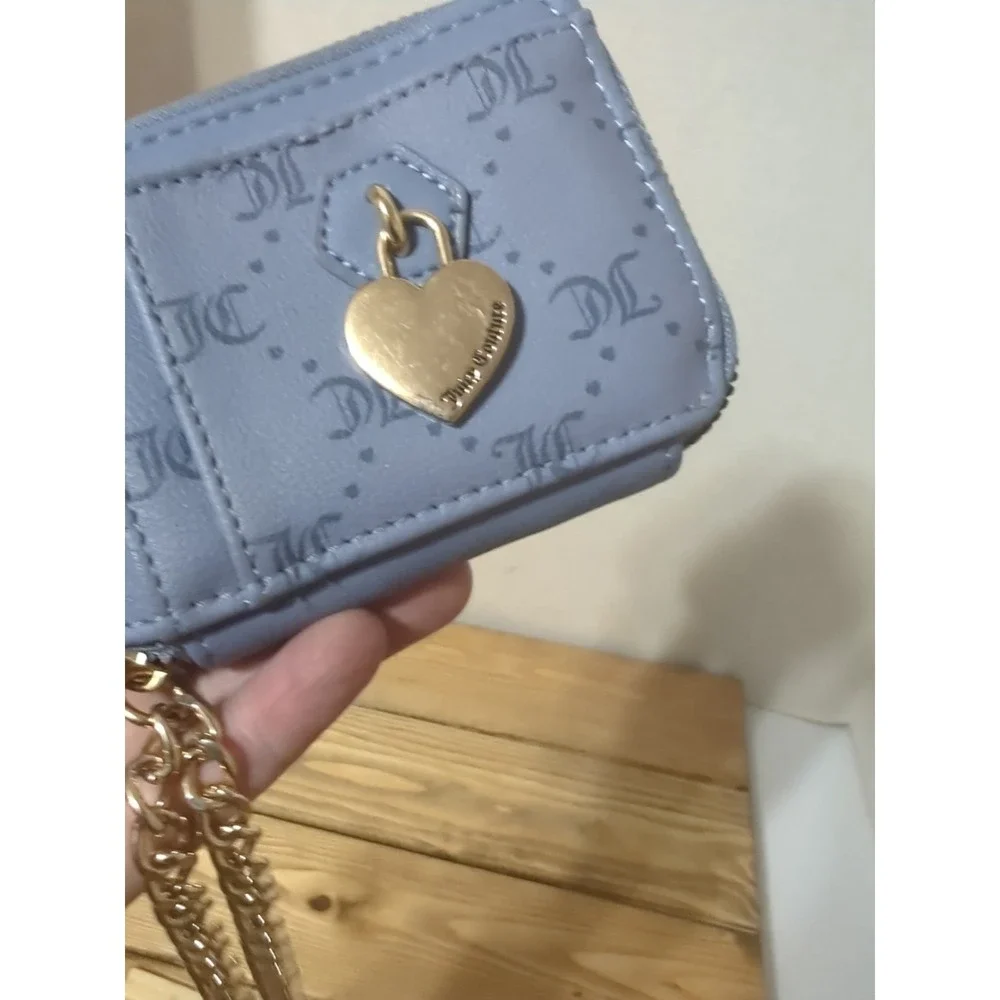 Juicy Couture Blue Pebbled Zip Wallet Heart Coin Purse Gold Chain Logo Charm